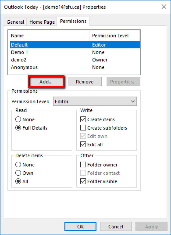 Step to set share permissions is to Click Permissions then click Add