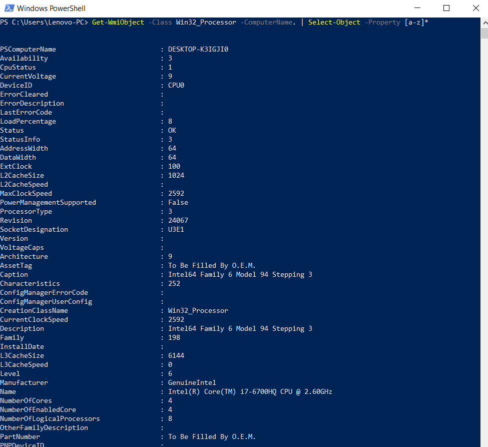 Powershell get cpu information. General information about the processor