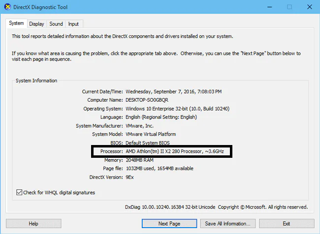 Get Processor Information in the Dxdiag Diagnostic Tool