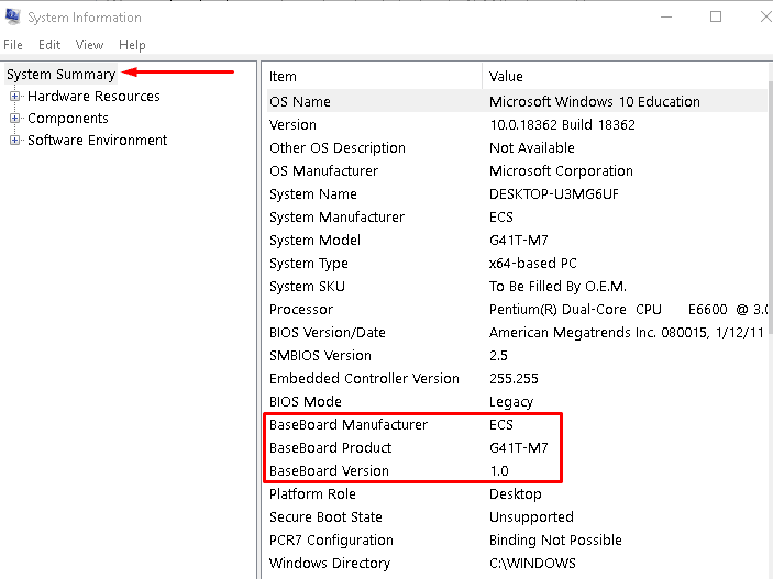 How to find out what motherboard I have windows 10 using System Information