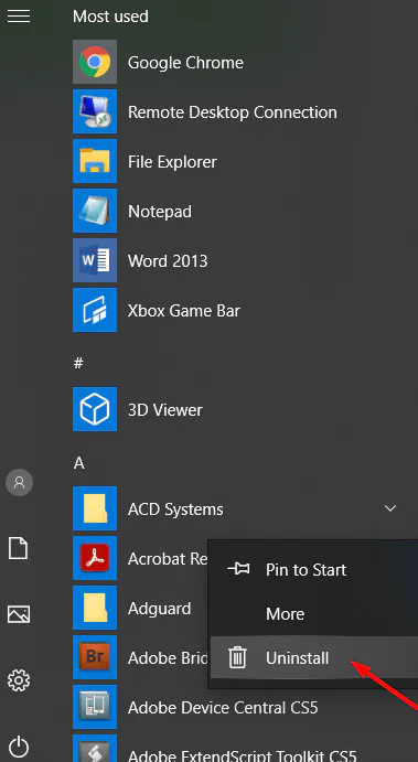 Uninstall programs. Uninstall program start menu