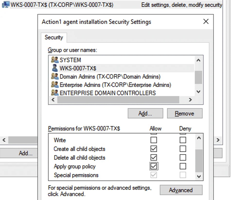 Group Policy - Advanced permissions for a computer