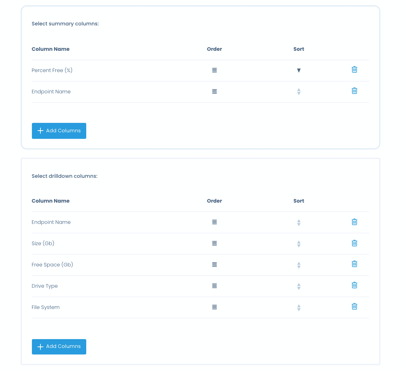 Adding a custom report - Columns tab