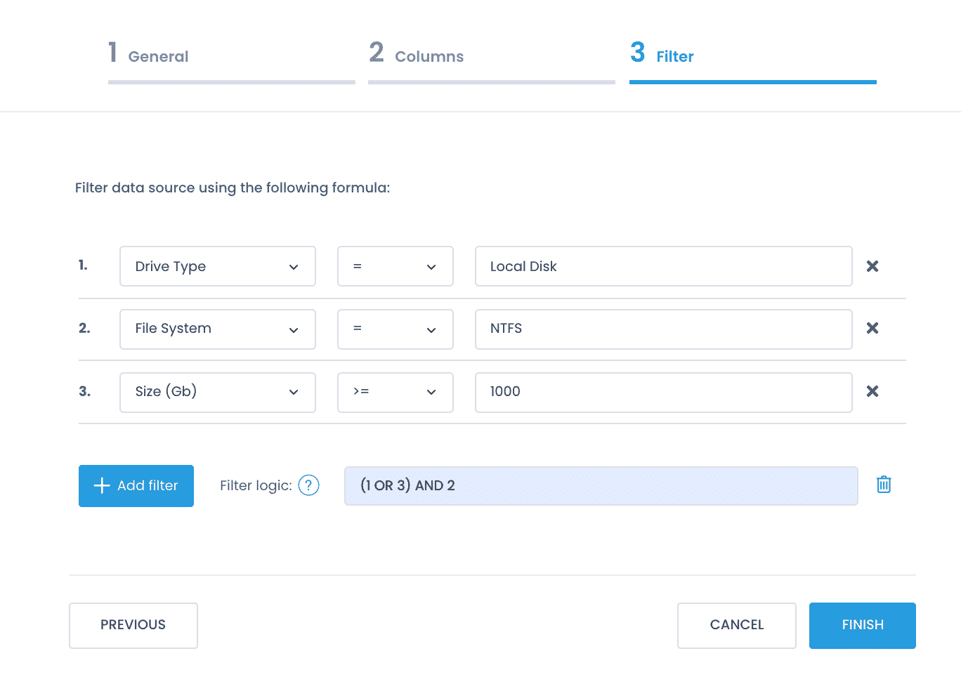 Adding a custom report - Filter tab