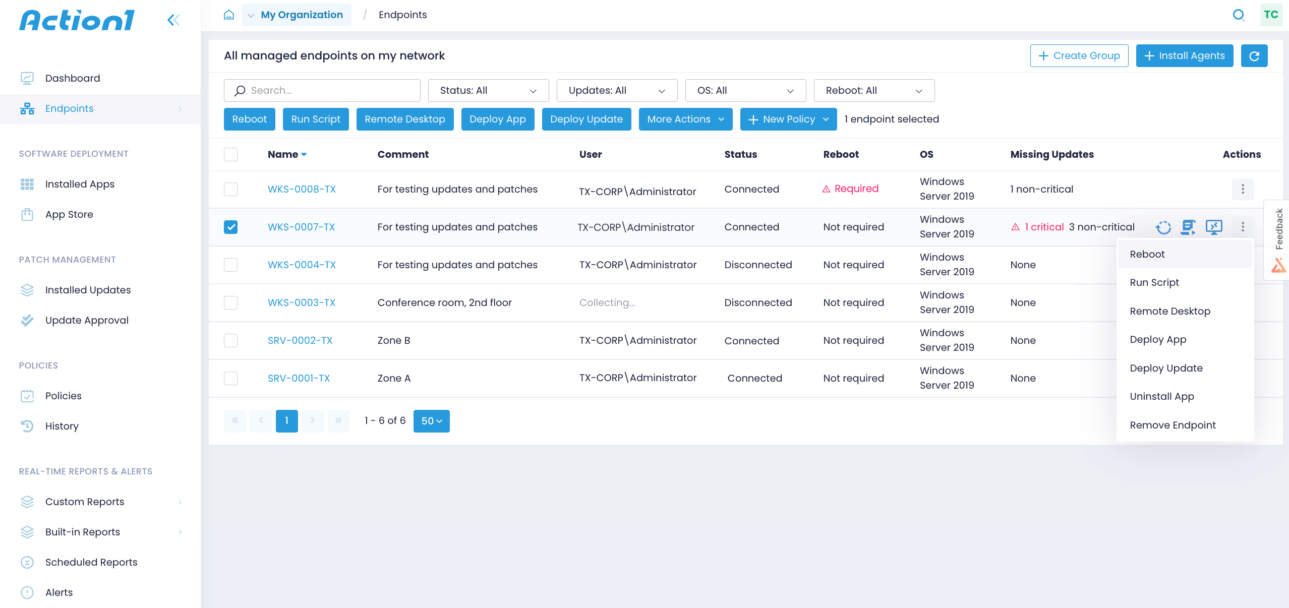 Endpoints dashboard provides access to quick management actions