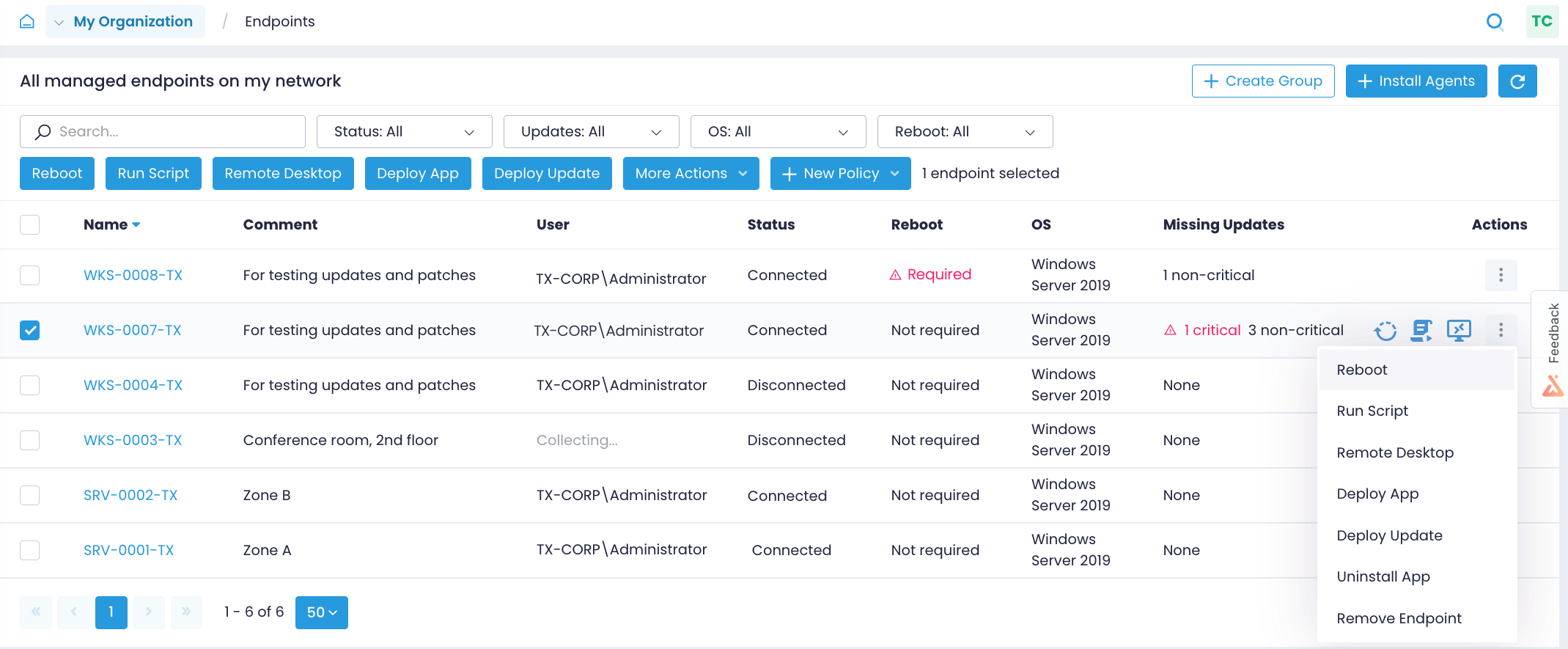 Endpoints dashboard provides access to quick management actions