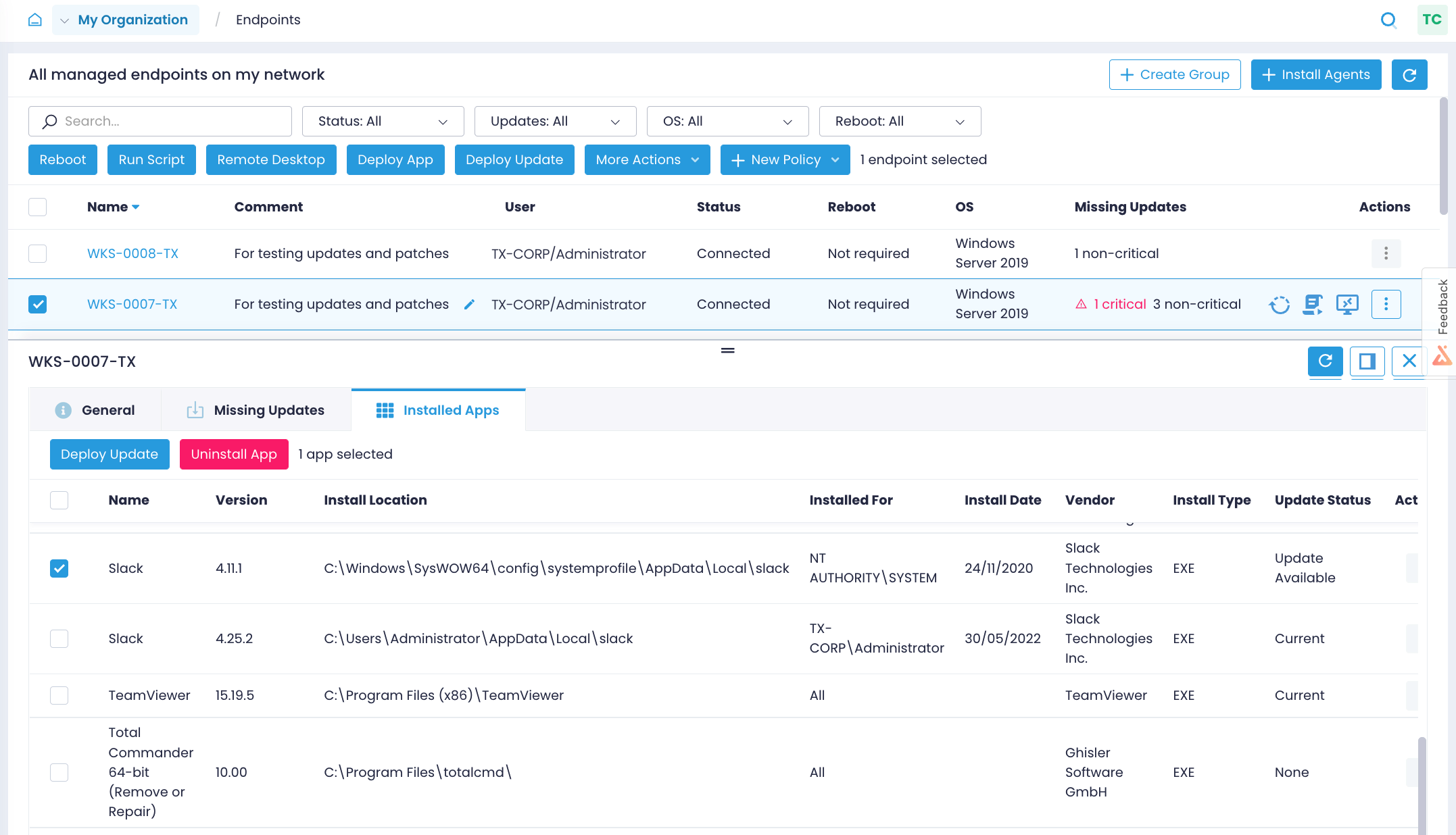 Review installed apps and manage them right from the Endpoints page