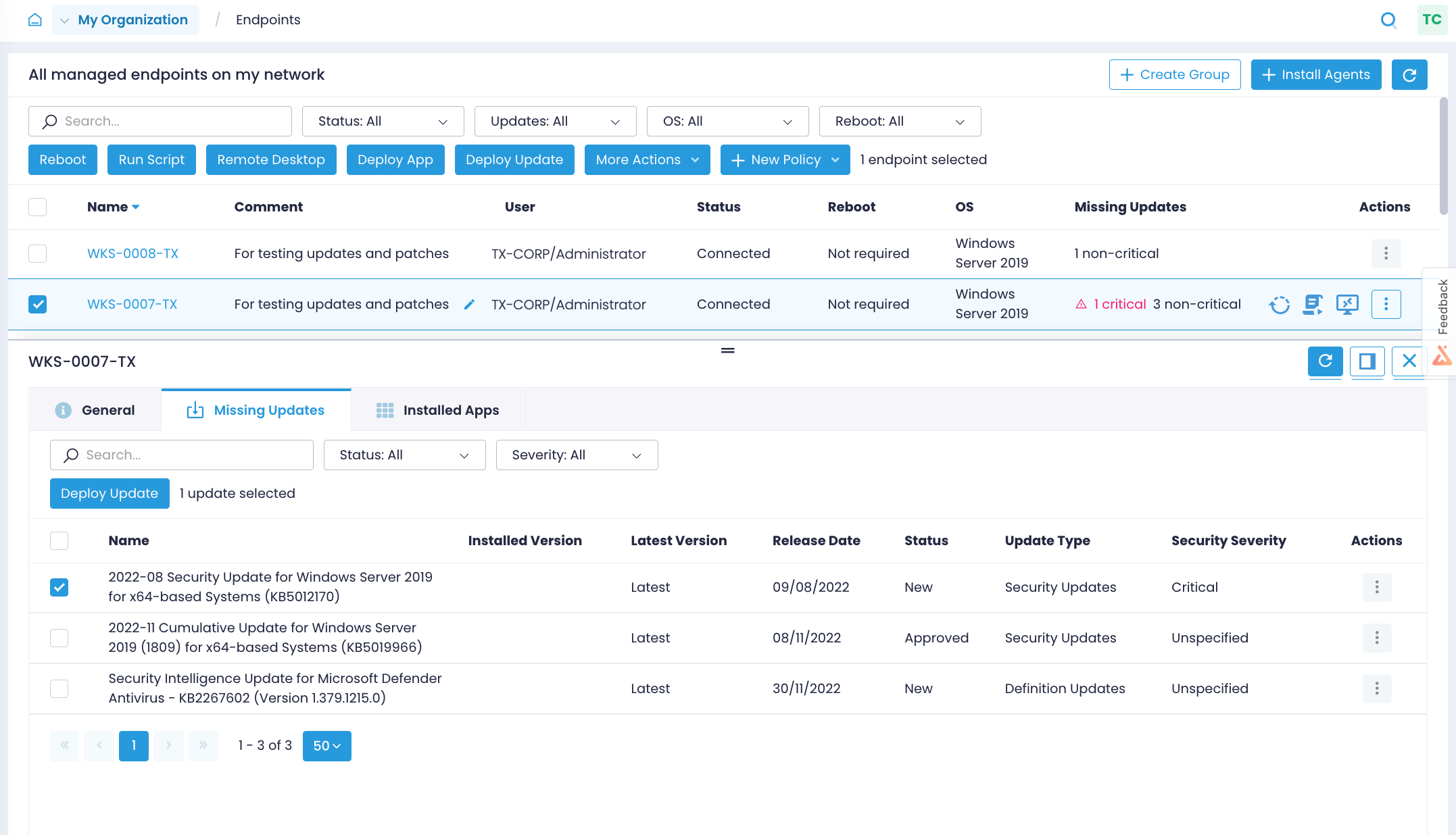 List missing updates and instantly deploy them right from the Endpoints page
