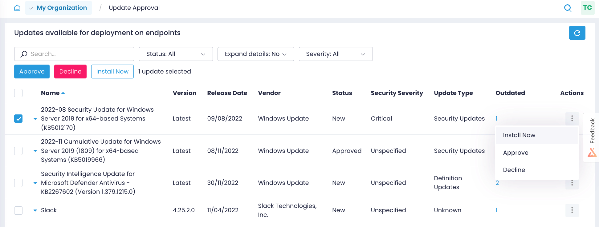 Update Approval pane