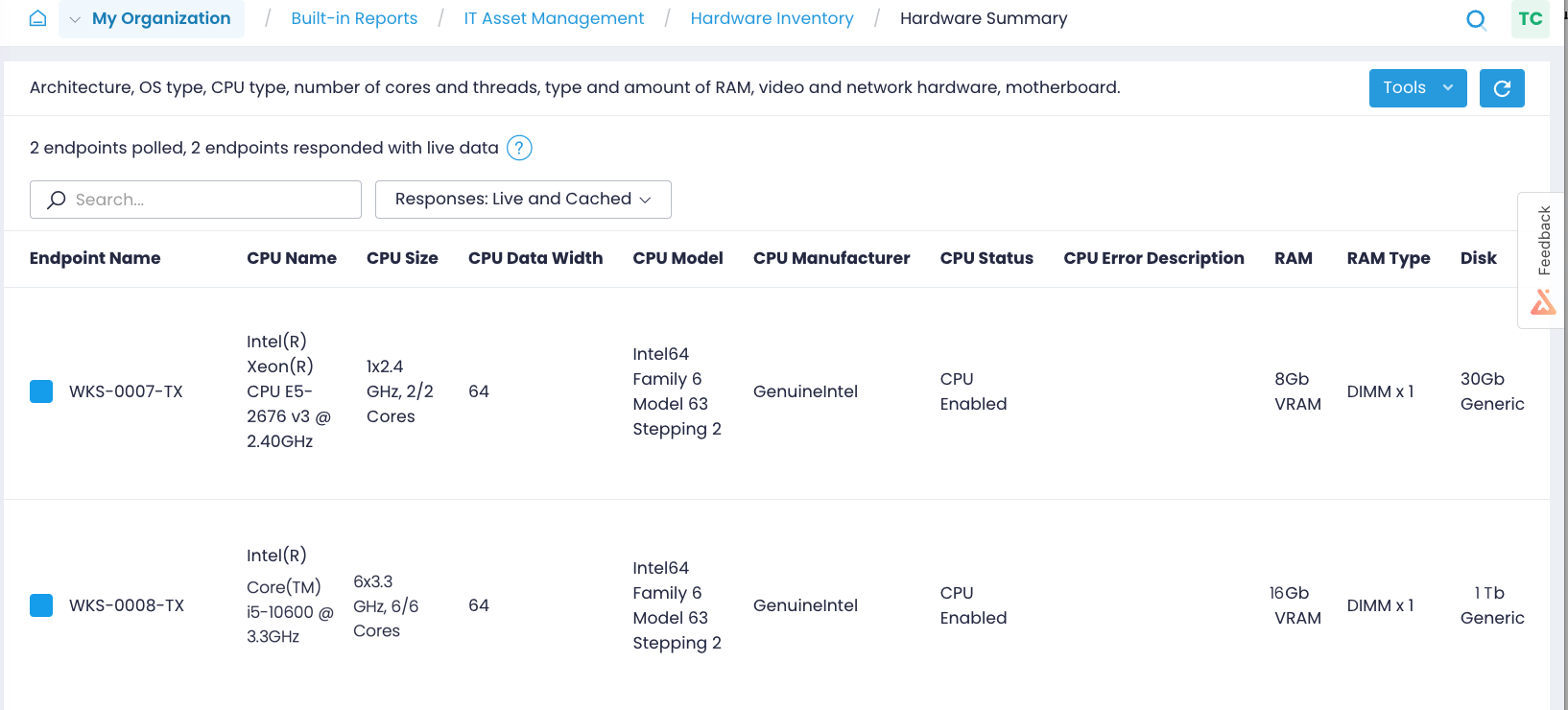 Hardware Summary report