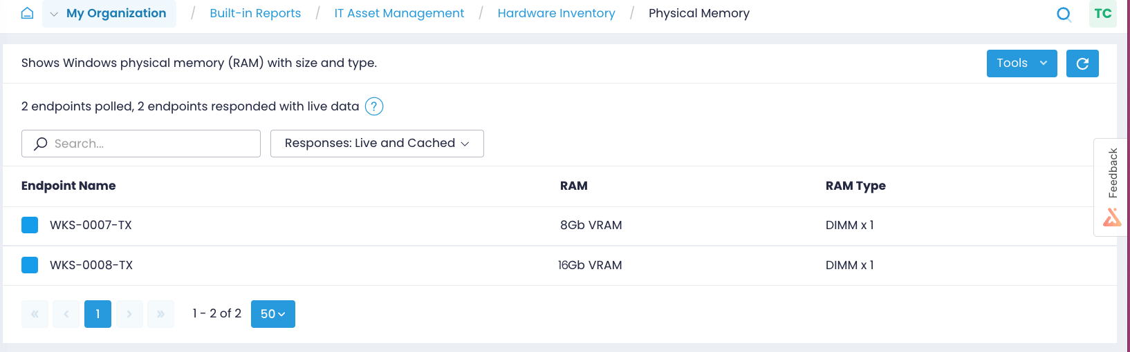 Physical memory report