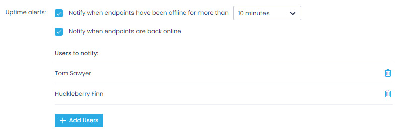 Uptime alerts settings