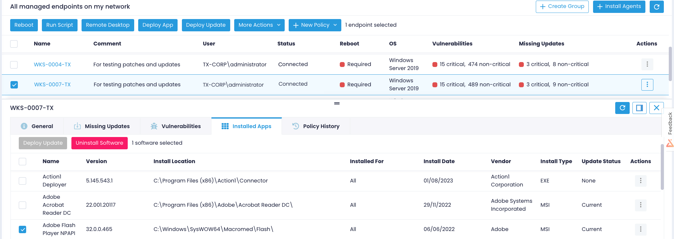 Managed endpoints dashboard with expanded Installed Apps tab