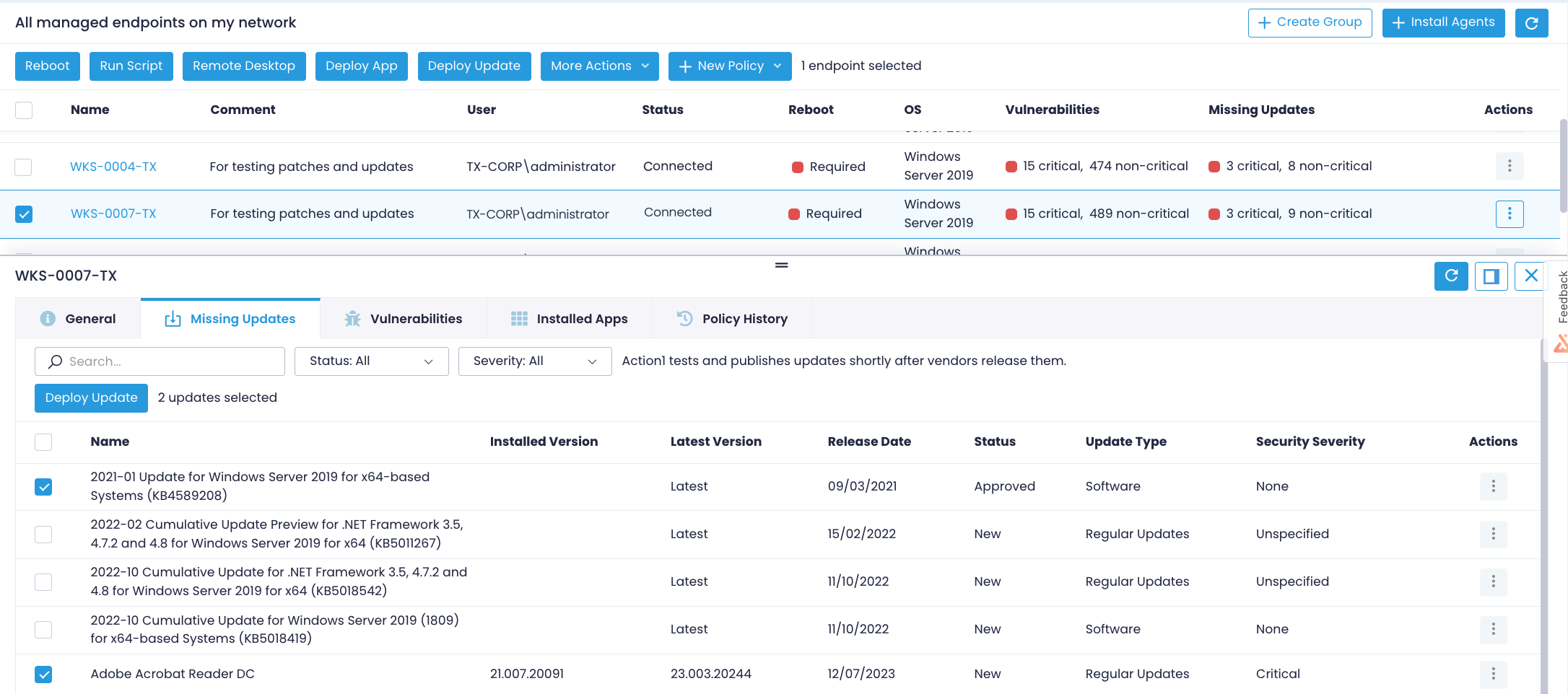 Managed endpoints dashboard with expanded Missing Updates tab