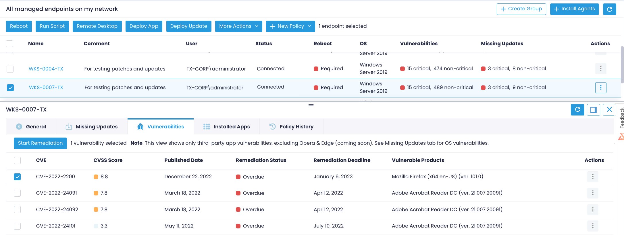 Managed endpoints dashboard with expanded Vulnerabilities tab