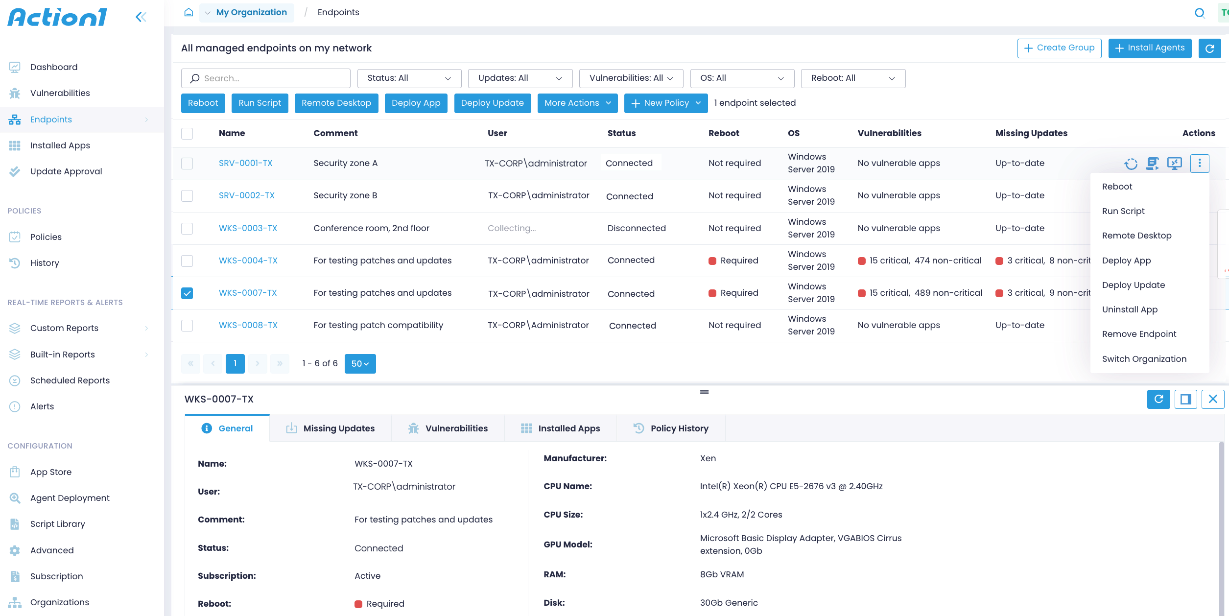 Managed endpoints dashboard with expanded General tab