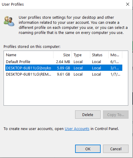 User Profiles dialog