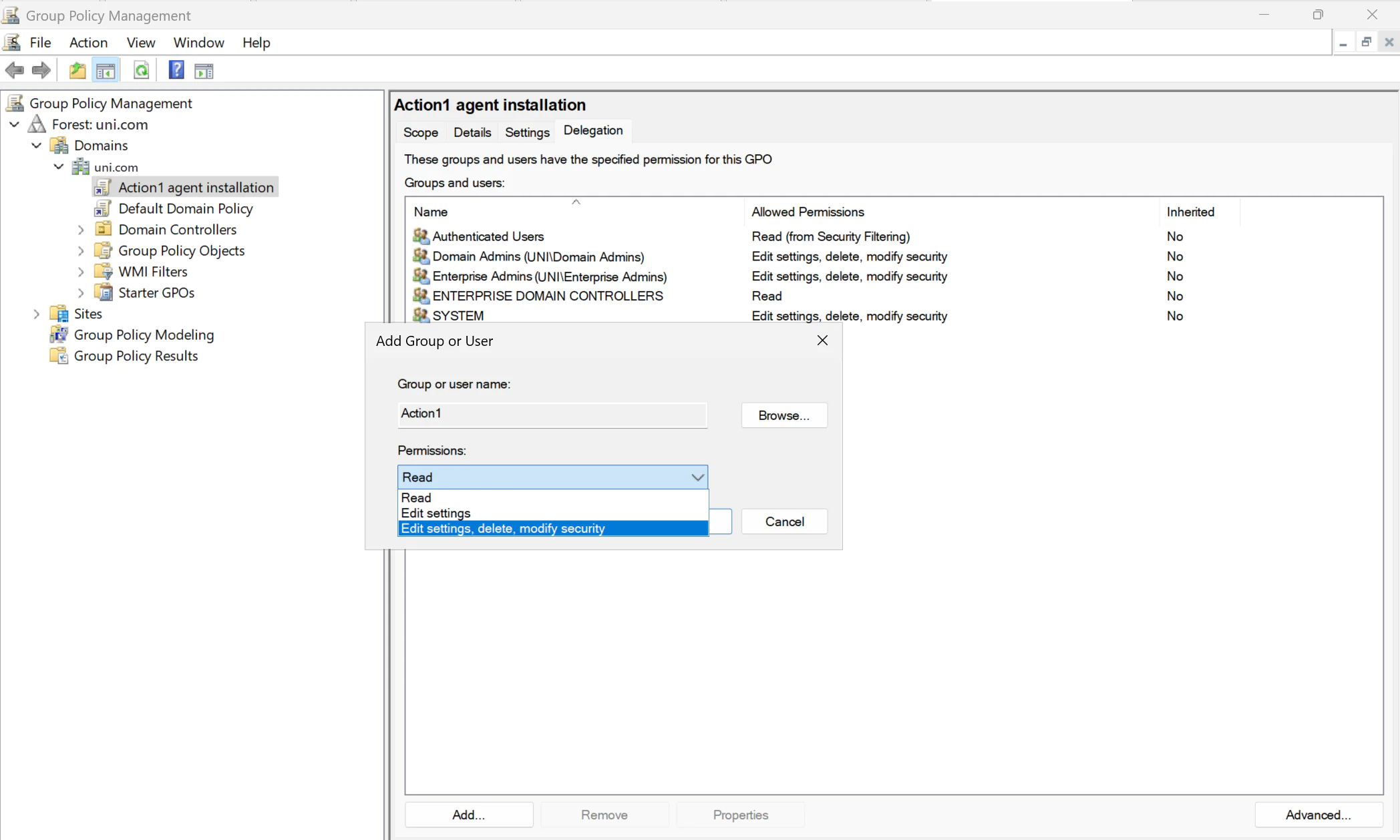 New Group Policy - the Delegation tab