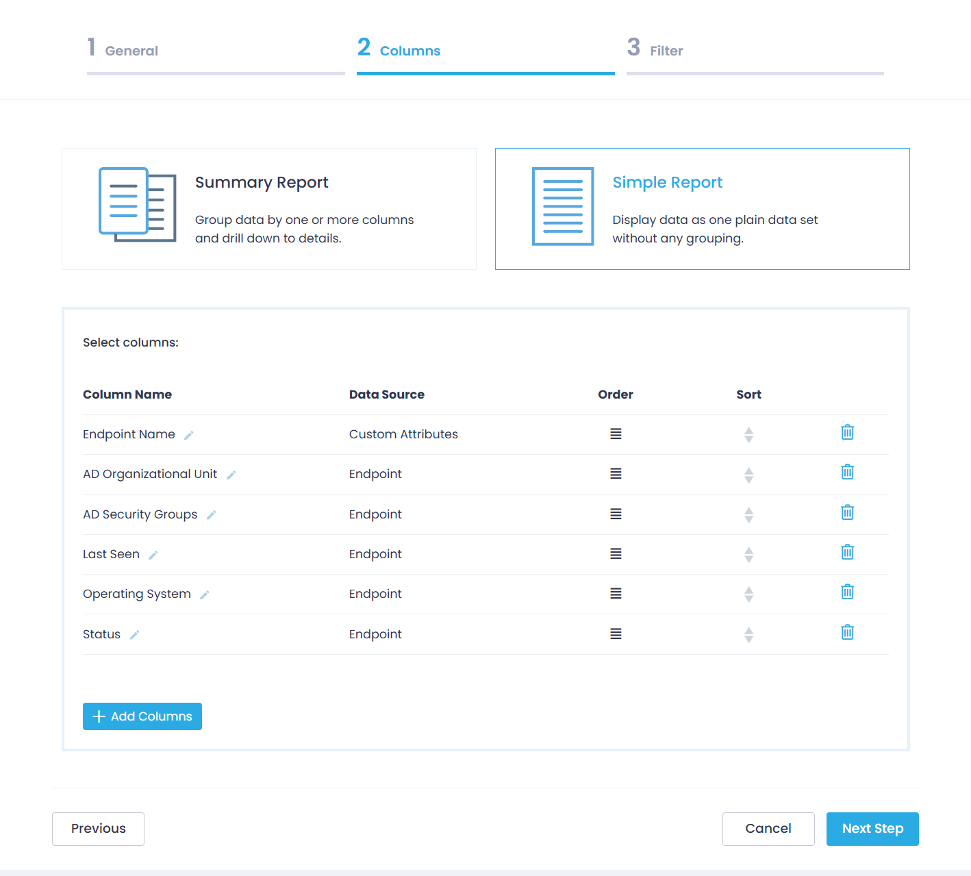 Adding a custom report - Filter tab