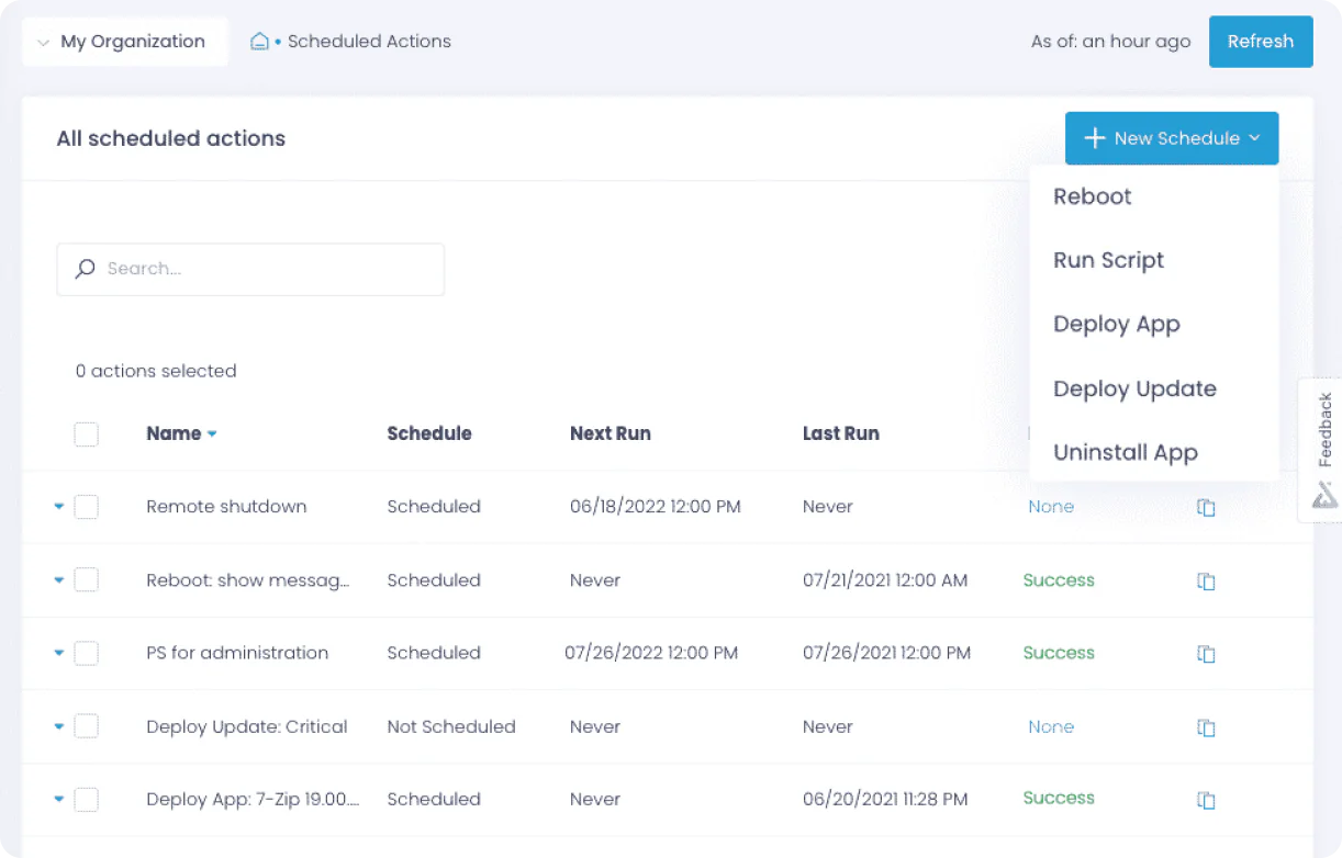 Scheduled actions dashboard screenshot<br />