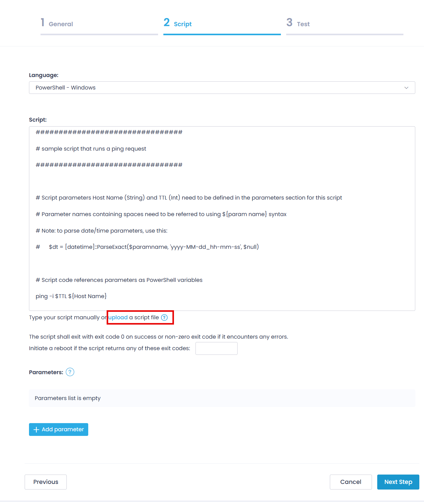 upload-option Adding a new script to the Script Library