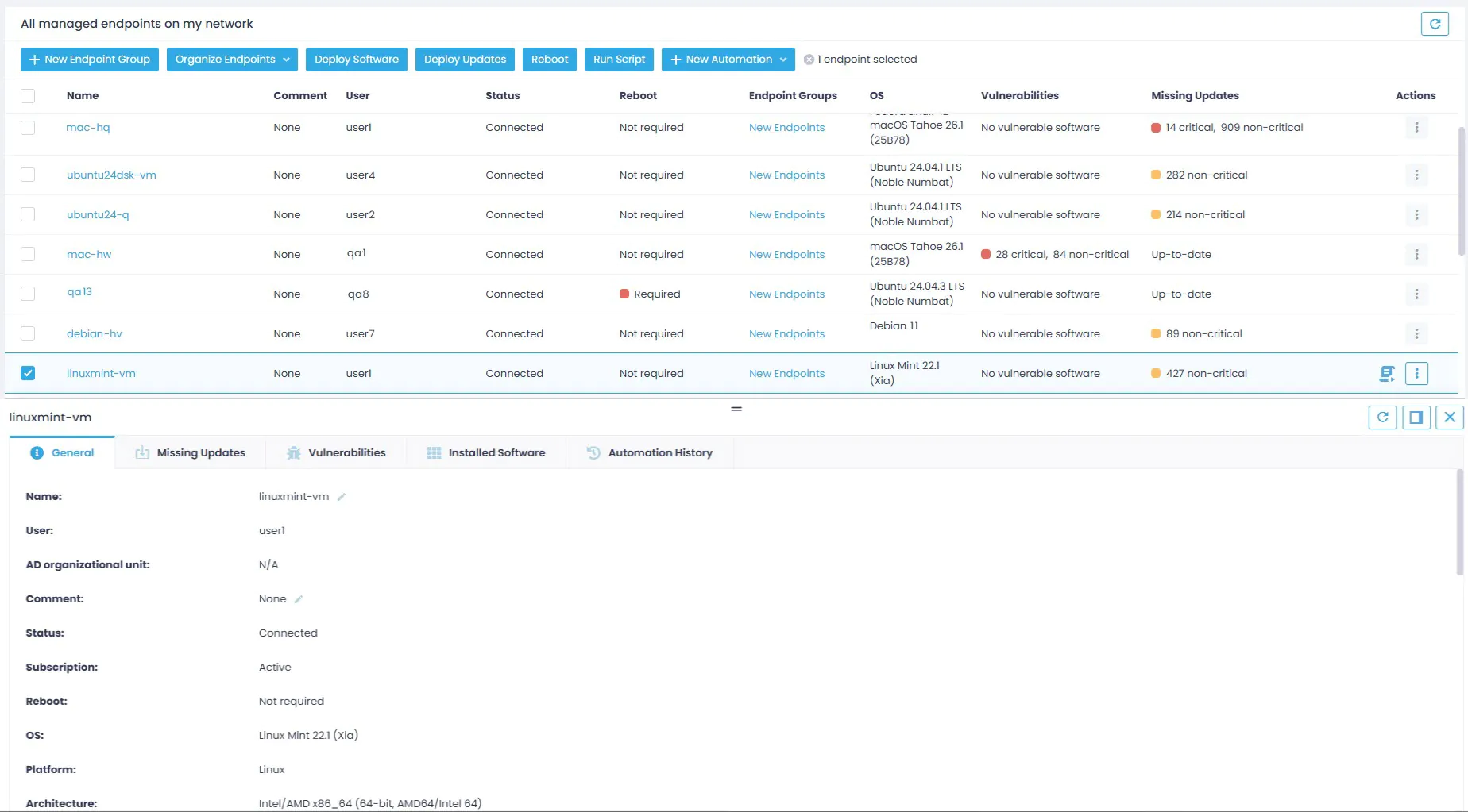 linux-general-tab Endpoints view and General tab expanded