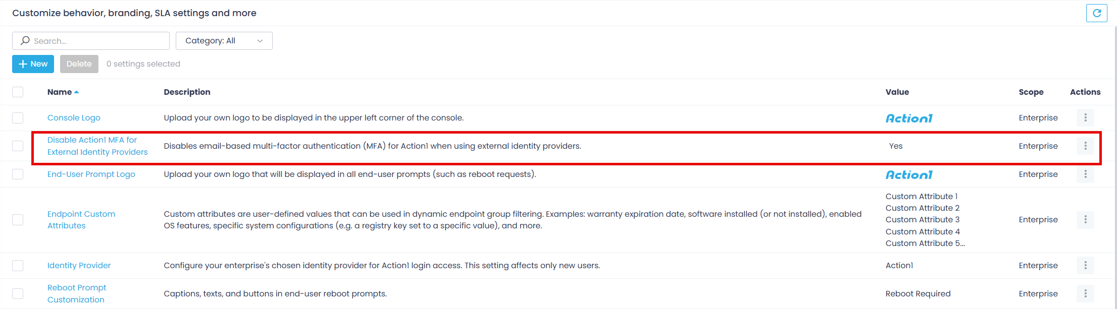 mfa-advanced-settings Disable Action1 MFA for External Identity Providers setting in the list of advanced settings.
