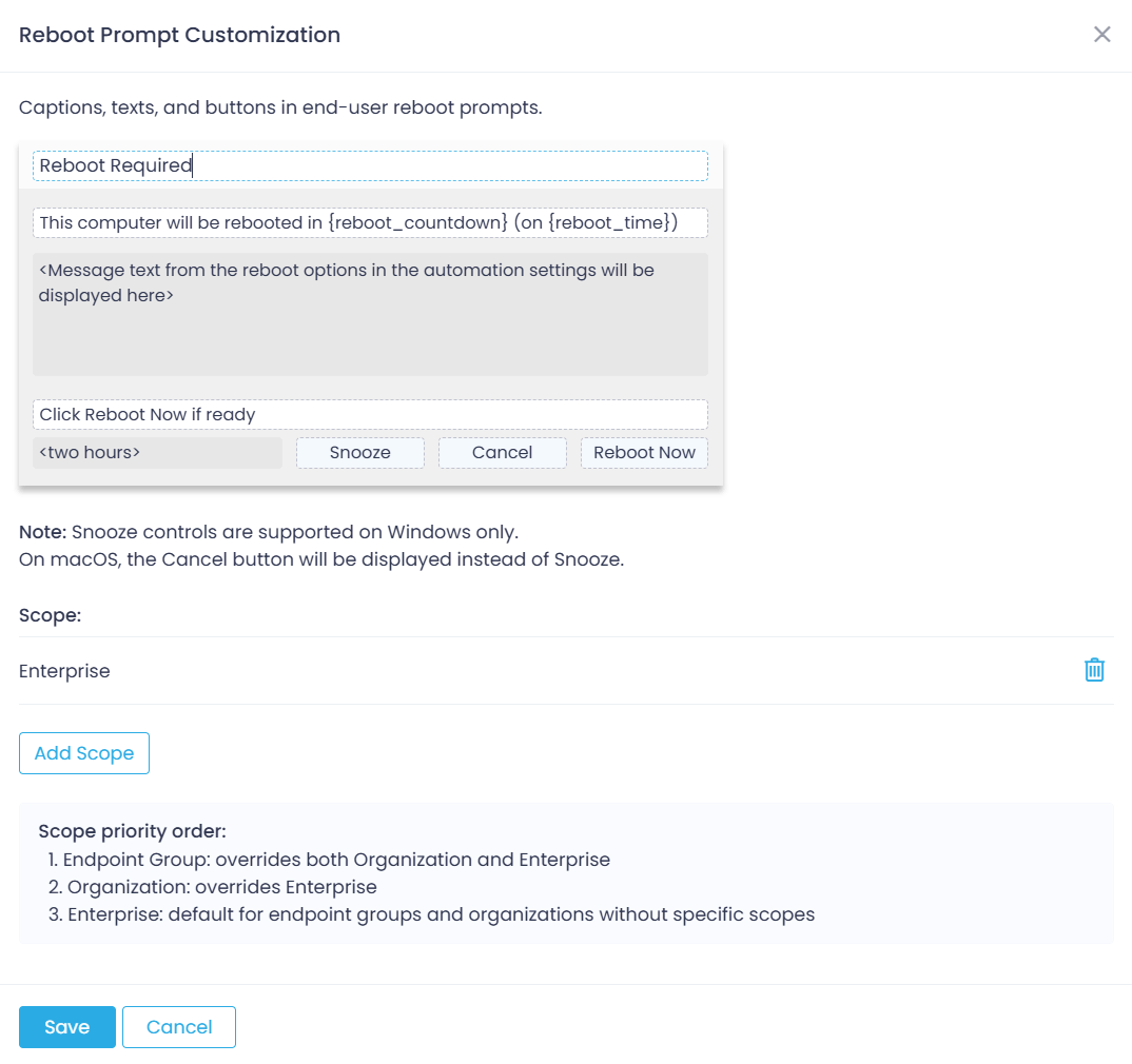 reboot-prompt-customization-new Endpoints view and General tab expanded