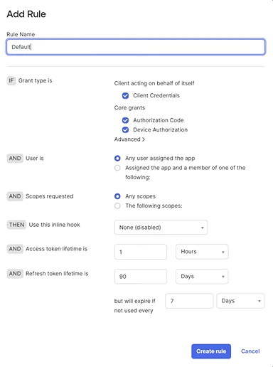 add_rule Create a new rule for assignment policy in Okta.