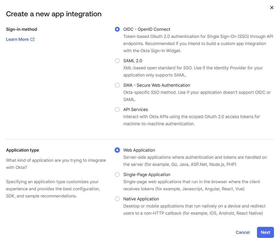 app_type Select sign-in method and app type for new integration.
