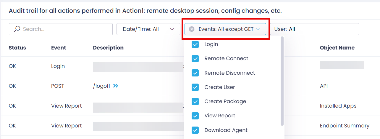 audit-trail-events Default Audit Trail Events filter settings exclude GET events.
