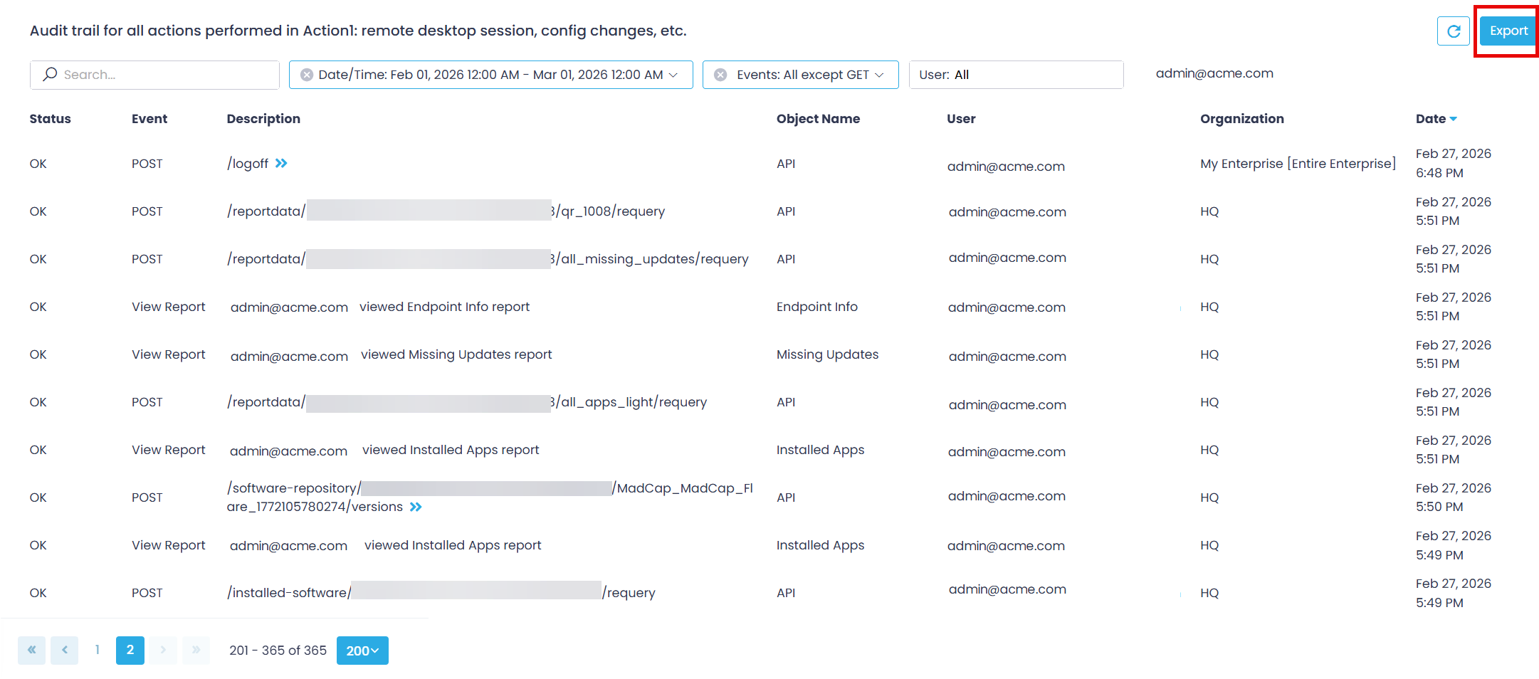 audit-trail-export Audit Trail view with Export button.