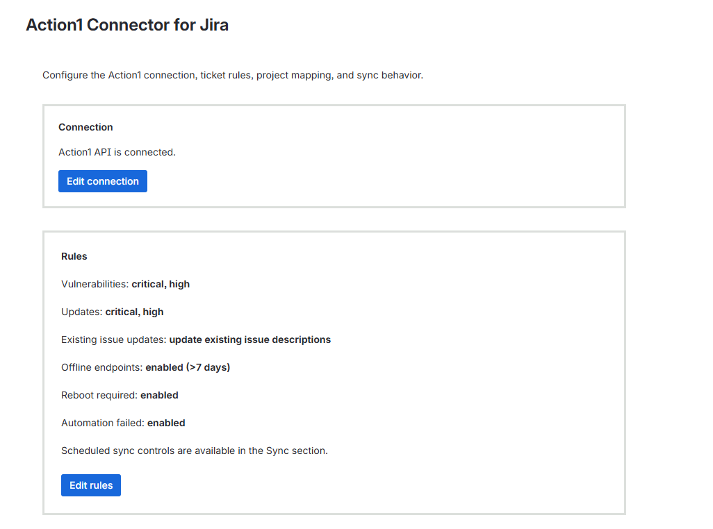 Items Main window of Action1 Connector for Jira.