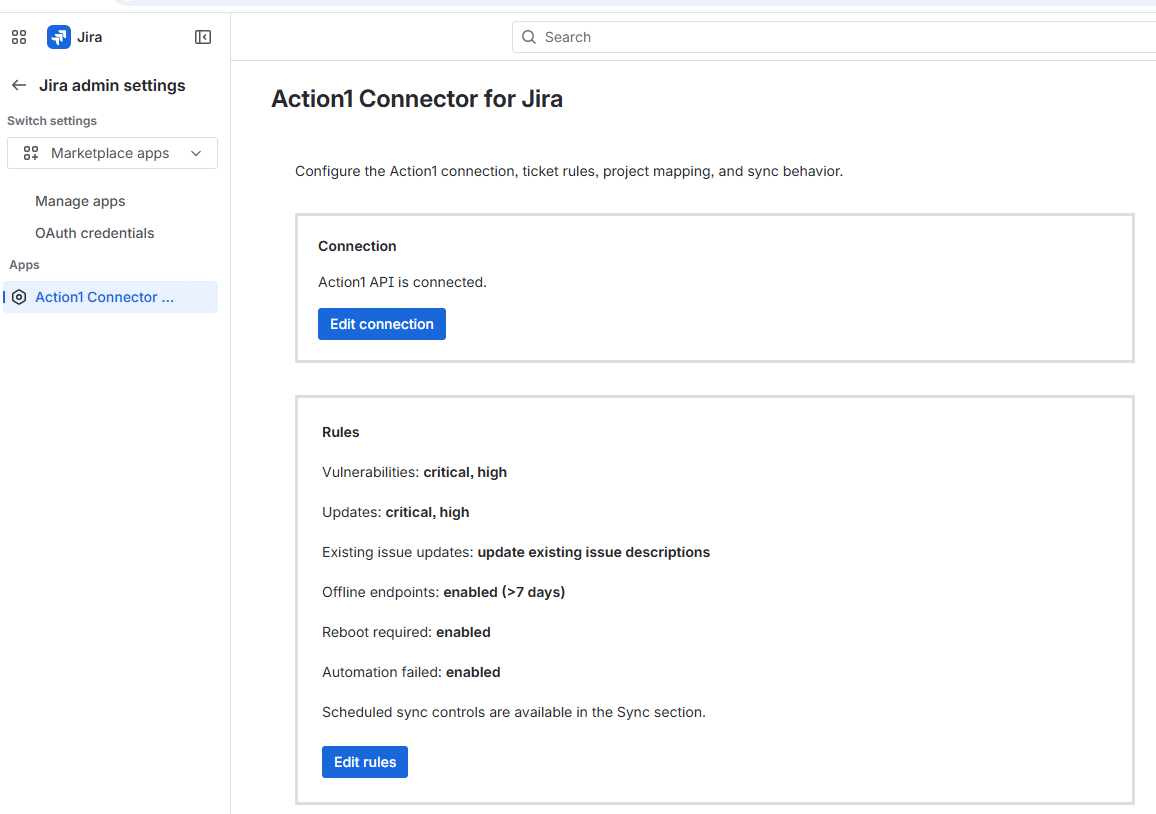 action1-connector Action1 connector shown in Jira admin console.