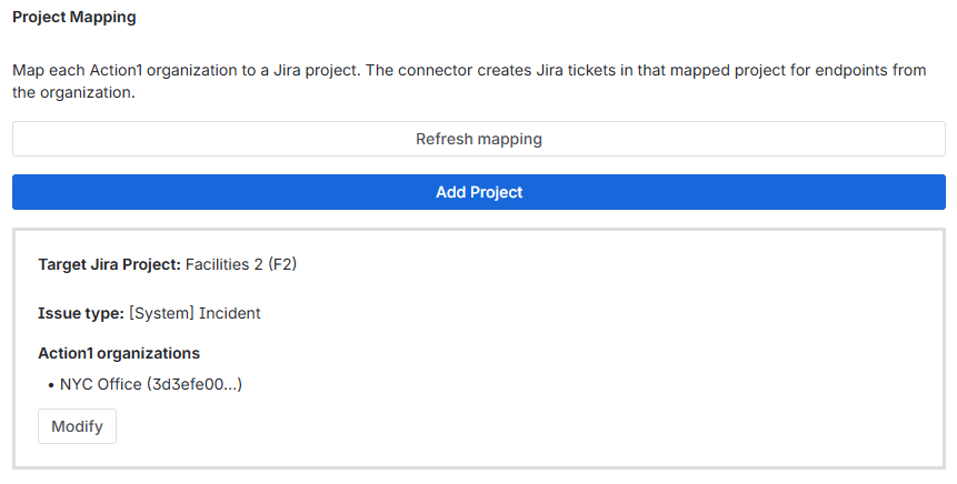 add-mapping-1 Action1 connector shown in Jira admin console.