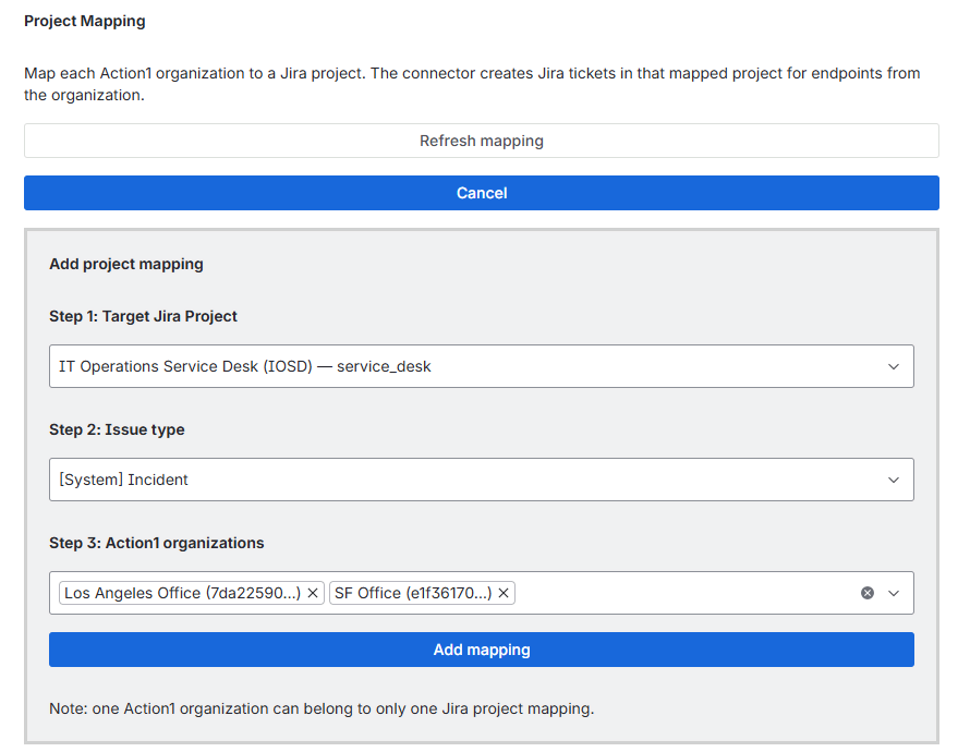 add-mapping-2 Action1 connector shown in Jira admin console.
