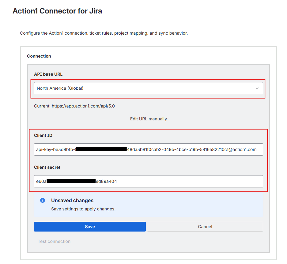 connection settings Connection settings provided in Jira app.