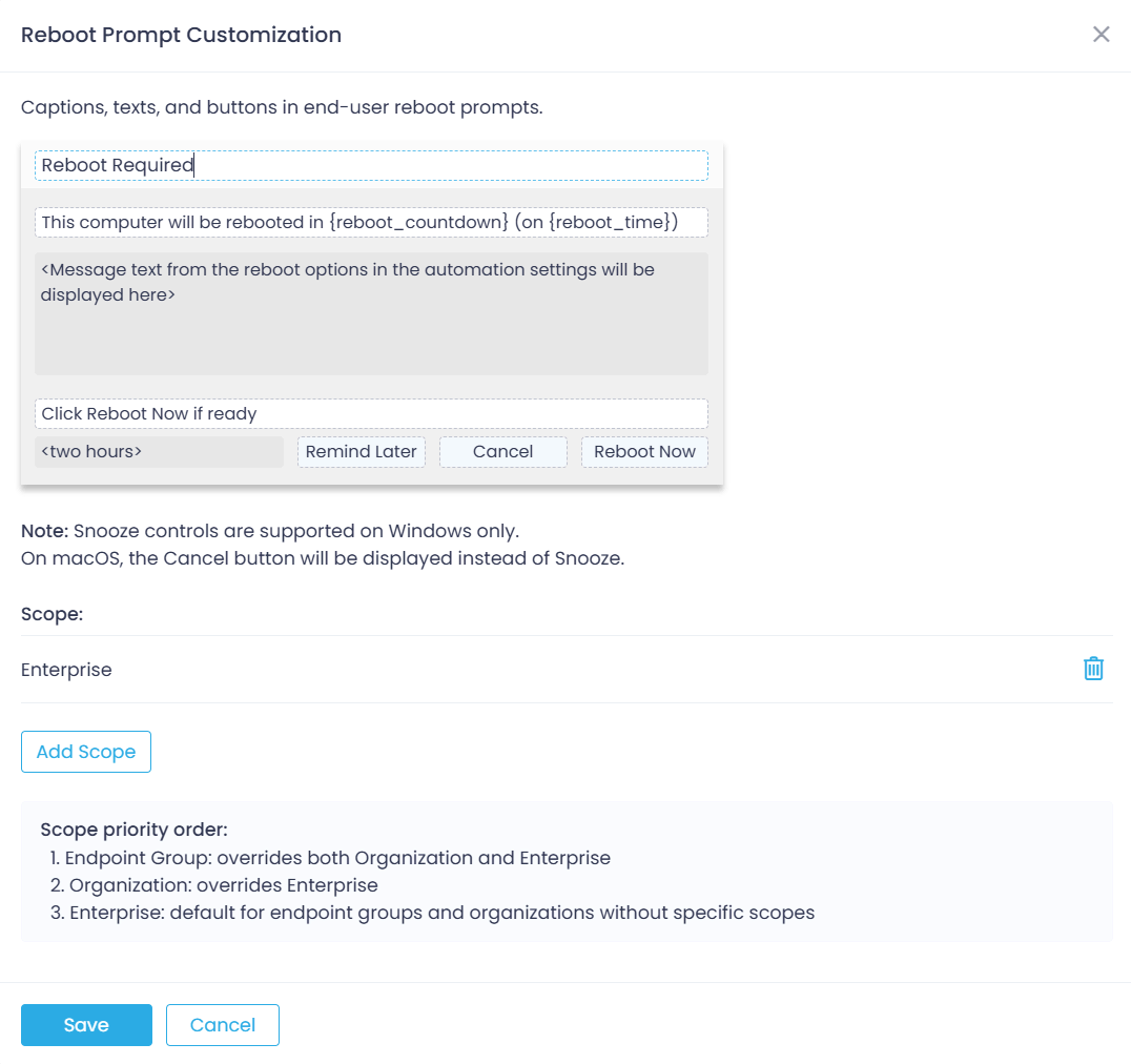 Reboot prompt customization dialog.