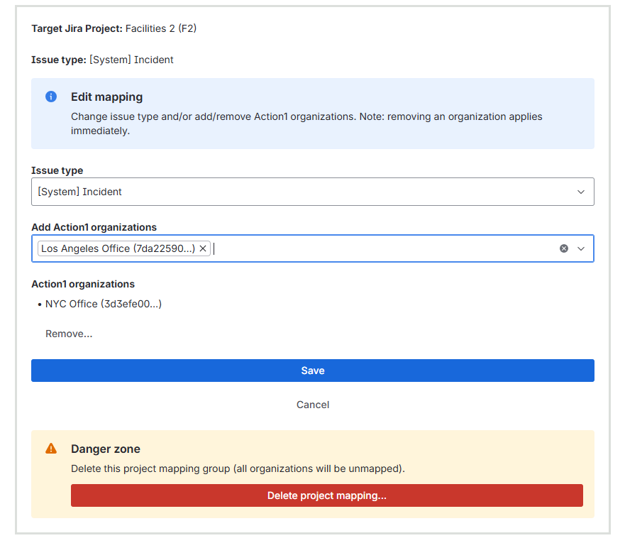 edit-mapping Action1 connector shown in Jira admin console.