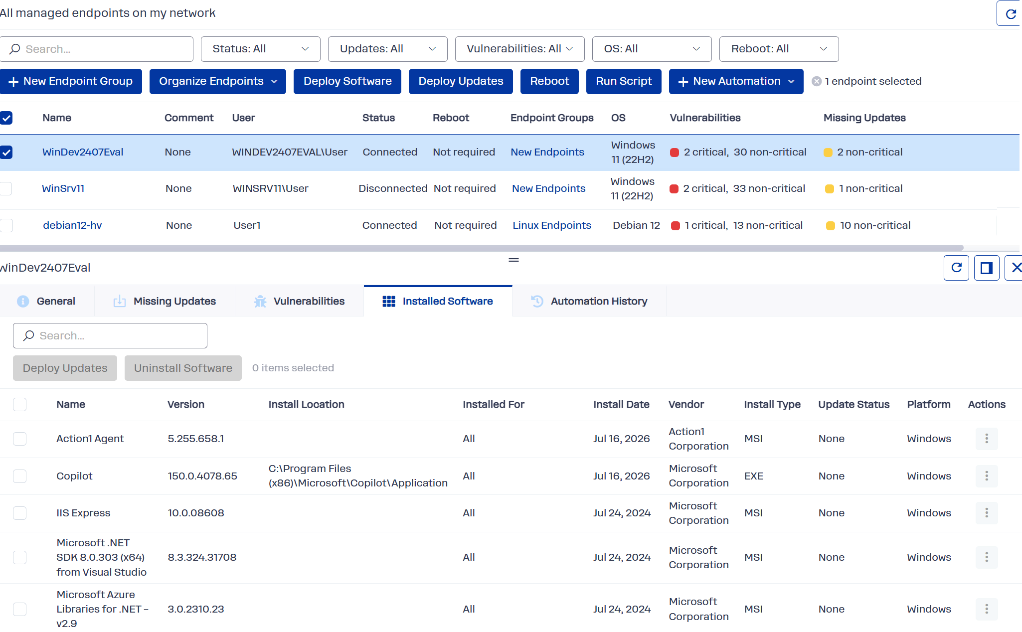endpoints-installed-software-tab Installed Software tab for selected endpoint.