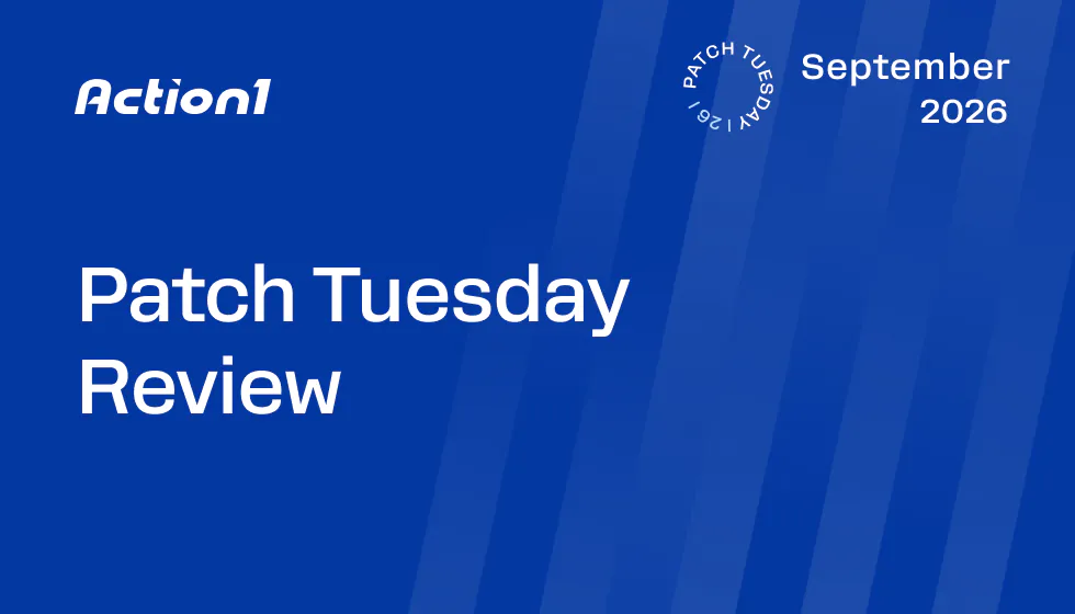Blue banner featuring the Action1 logo, diagonal stripes, and the headline 'Patch Tuesday Review' with 'September 2026' in the top-right.